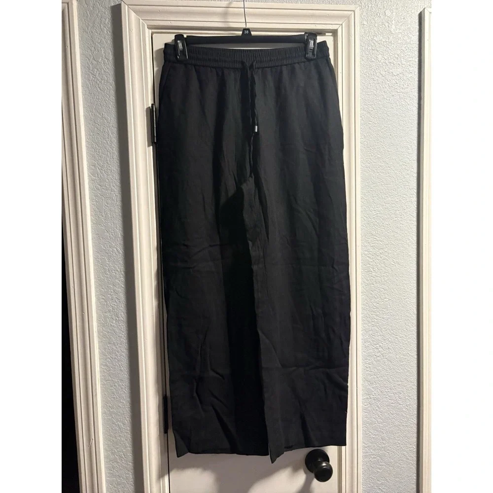 Zara Linen Blend Pants Women Large Black Wide Leg Elastic Drawstring Trousers